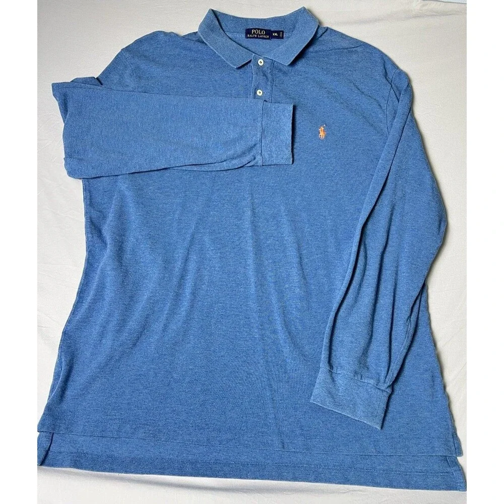 Polo Ralph Lauren Polo Shirt Men’s XXL Blue Long Sleeve Y2K Collared Orange Pony